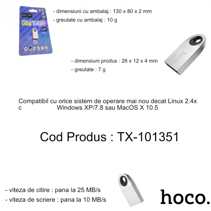 Memorie USB 2.0, capacitate 64 Gb, Hoco UD9, design mini, carcasa metal, gri [5]