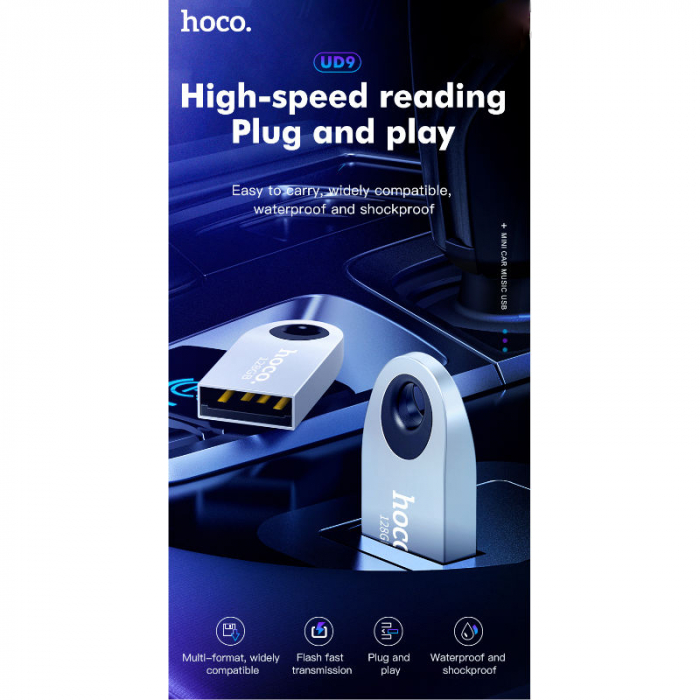 Memorie USB 2.0, capacitate 64 Gb, Hoco UD9, design mini, carcasa metal, gri [8]