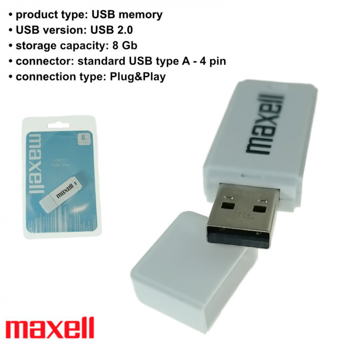 Memorie USB 2.0 capacitate 8Gb, Maxell 77231, 100PC, cu capac, alba [6]