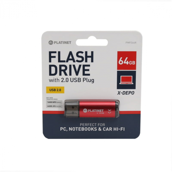 Memorie USB 2.0 Platinet 64Gb, X-Depo 43612, cu capac, rosie [4]