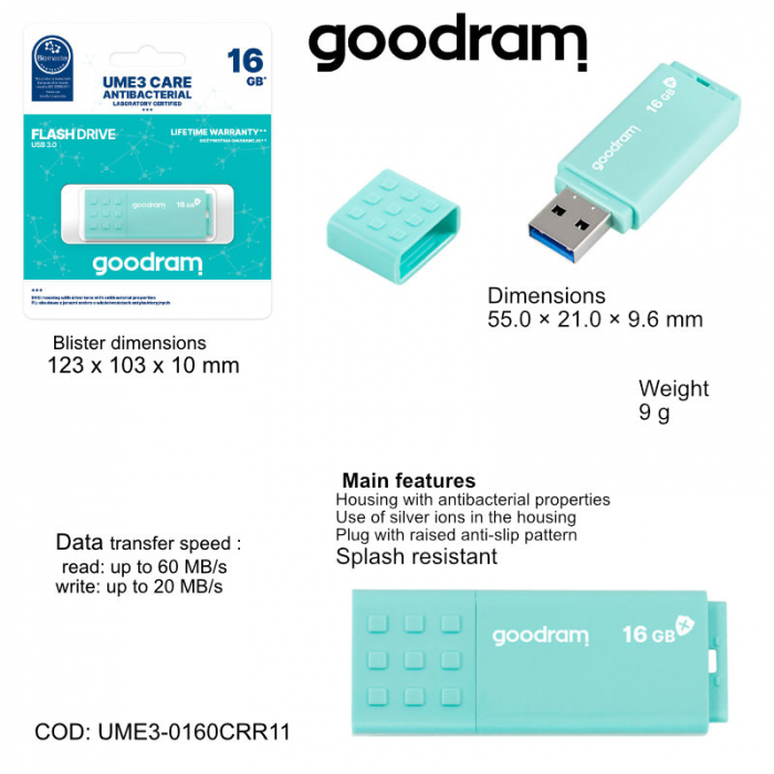 Memorie USB 3.0, 16 GB, Goodram UME3 Care, cu capac, albastra [6]
