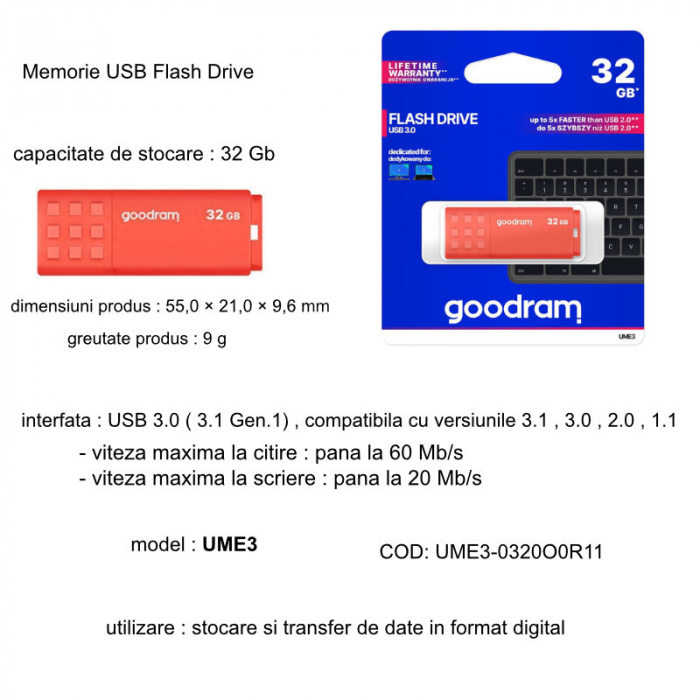 Memorie USB Goodram UME3, 32GB, USB 3.0, Orange [5]