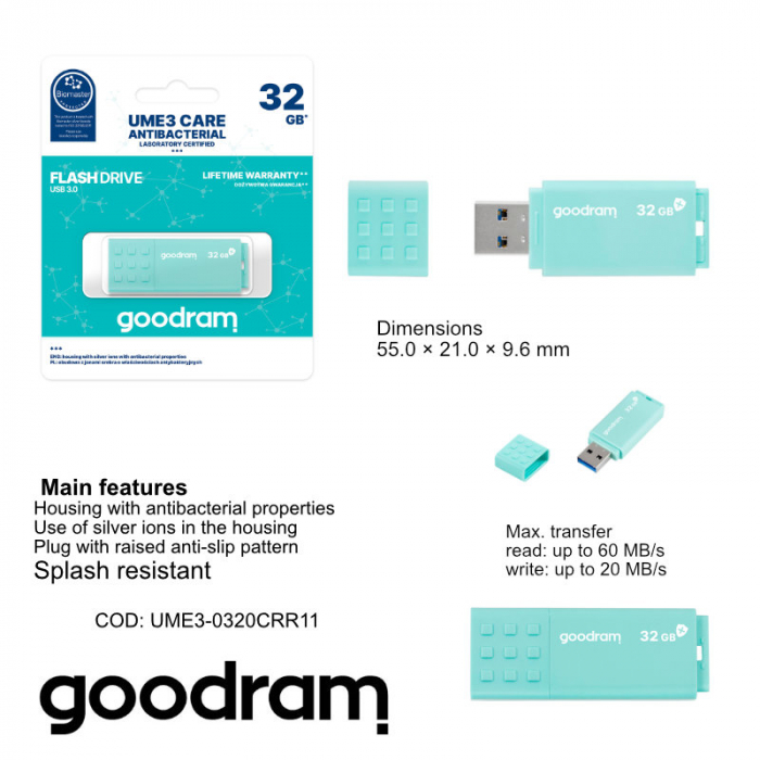Memorie USB 3.0, 32 GB, Goodram UME3 Care, cu capac, albastra [6]