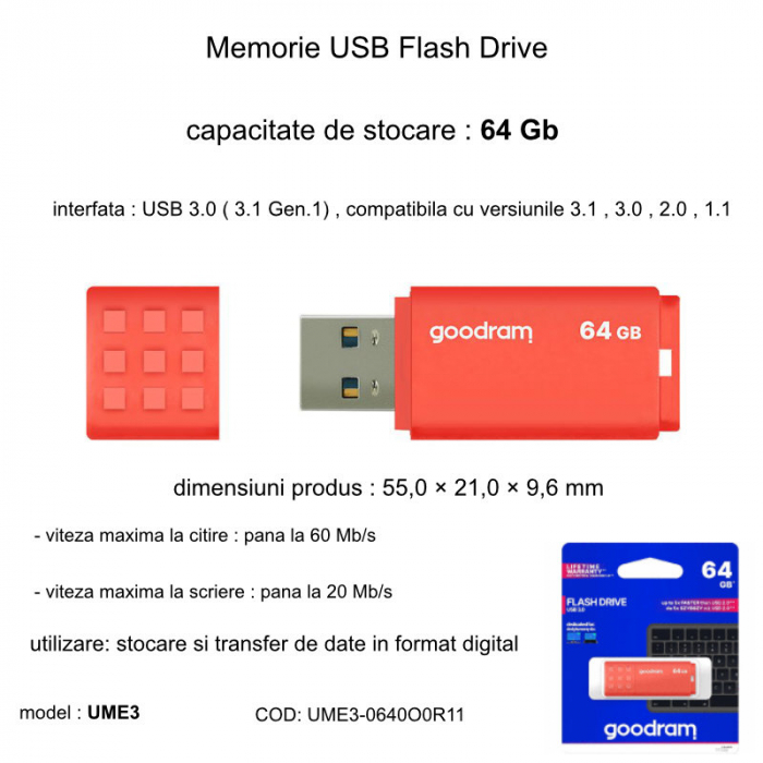 Stick memorie Goodram UME3, 64GB, USB 3.0, Portocaliu [4]