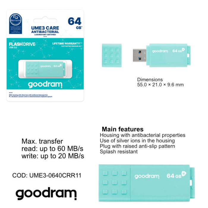 Memorie USB 3.0, 64 GB, Goodram UME3 Care, cu capac, albastra [6]
