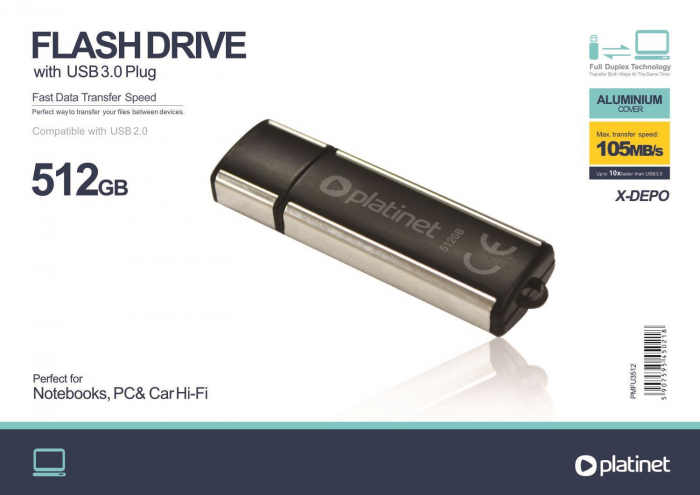 Memorie USB 3.0 Platinet 512Gb, X-Depo 45021, cu capac, neagra cu argintiu [2]