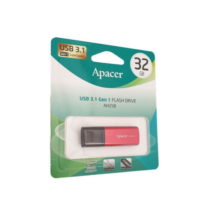 Memorie USB 3.1 Apacer 32Gb, AH25, cu capac, rosie cu negru [5]