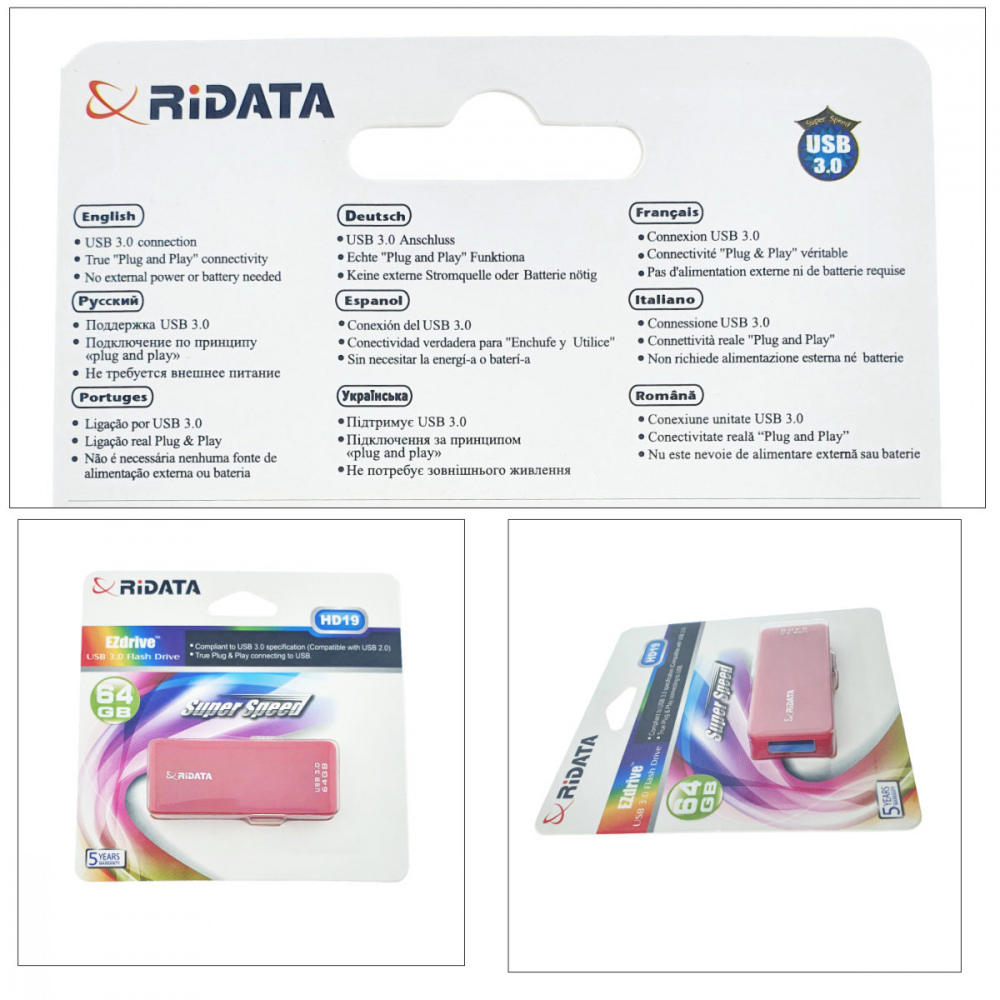 Memorie USB 3.1 Flash Drive RiDATA 64GB, EZdrive HD19RD, conector retractabil, roz [3]