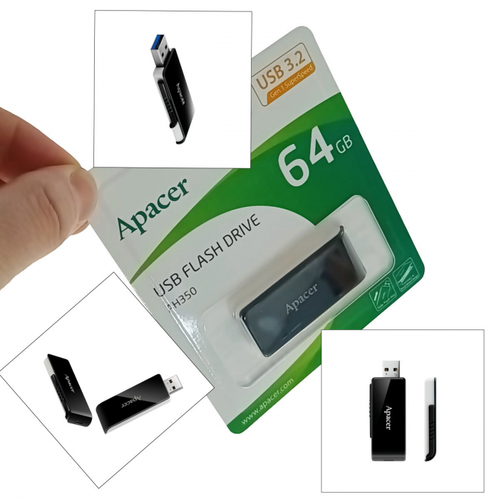 Memorie USB 3.2 Apacer 64GB, AH350, retractabila, neagra cu alb [5]