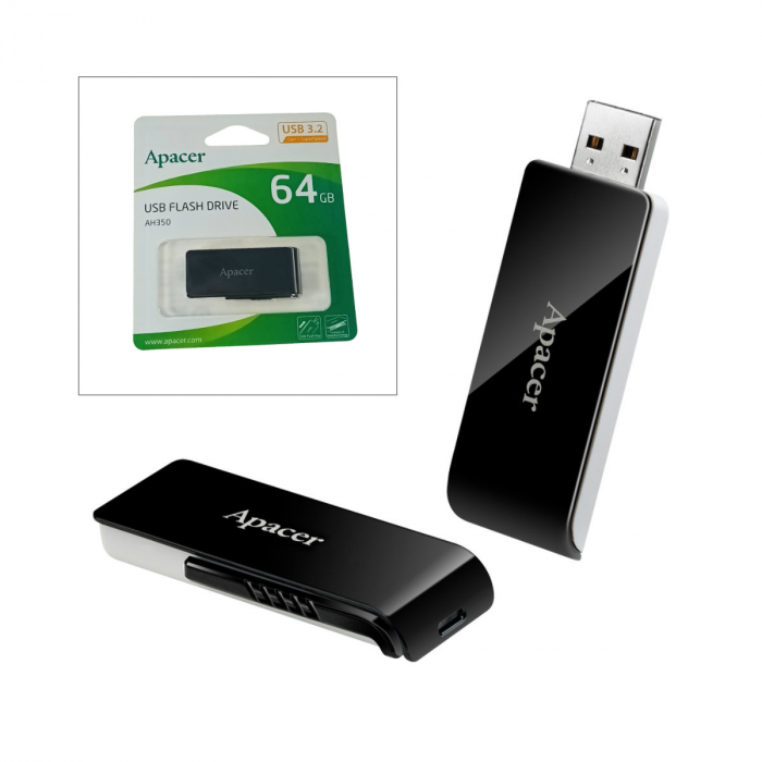 Memorie USB 3.2 Apacer 64GB, AH350, retractabila, neagra cu alb [3]