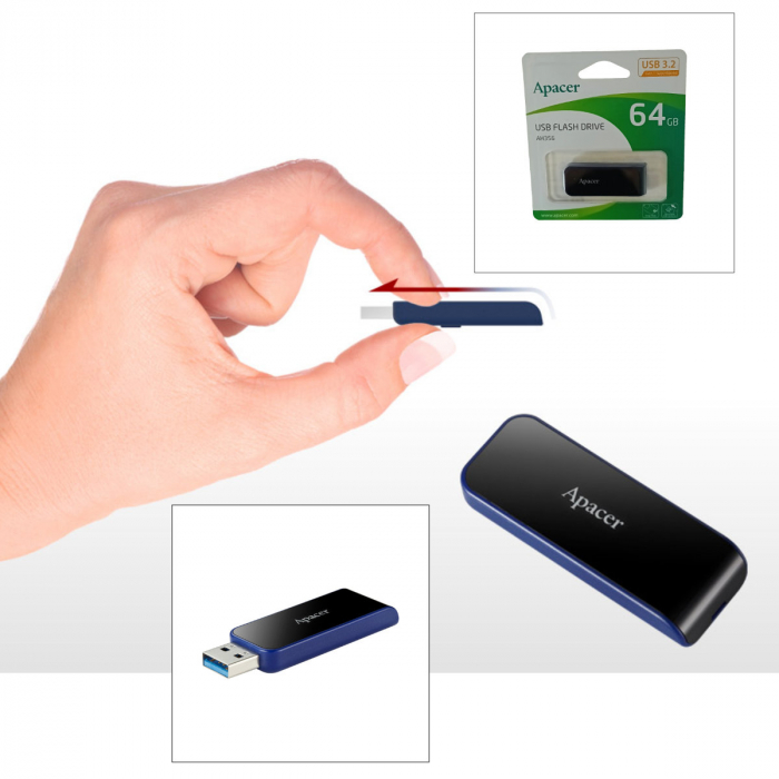 Memorie USB 3.2 Apacer 64GB, AH356 retractabila, albastru cu negru [4]