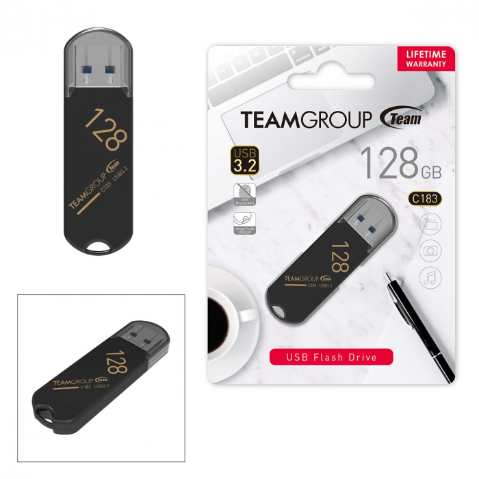 Memorie USB 3.2 Gen 1, 128Gb, TeamGroup C183 04262, cu capac, neagra [2]