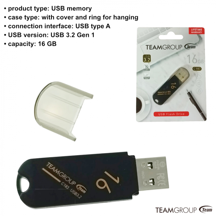 Memorie USB 3.2 Gen 1, 16 Gb, TeamGroup 04260, cu capac, neagra [6]