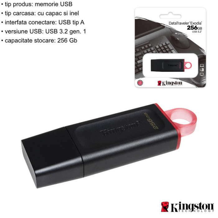 Memorie USB 3.2 Gen 1, 256gb, Kingston DataTraveler Exodia DTX-256GB, cu capac si inel, negru cu rosu [4]