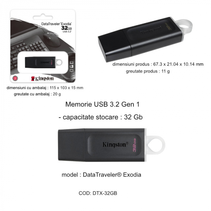 Memorie USB Kingston DataTraveler Exodia 32GB, USB 3.2, Negru/Alb [4]