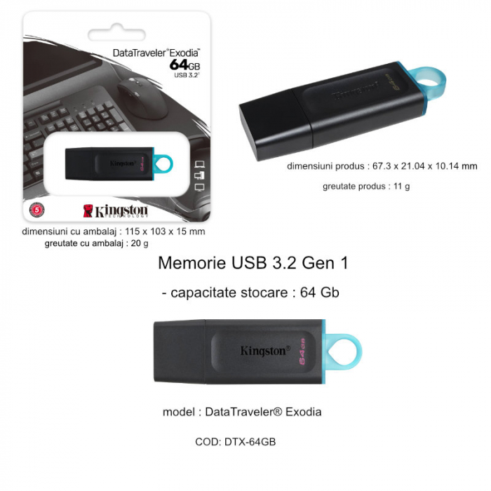 Memorie USB Kingston DataTraveler Exodia 64GB, USB 3.2, Black/Teal [4]