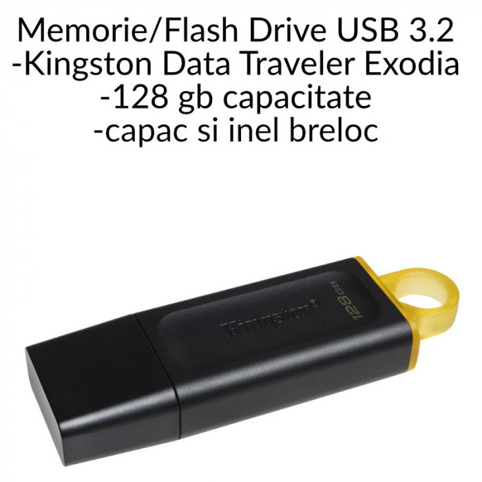 Memorie USB 3.2 Kingston Data Traveler Exodia, 128gb, cu capac si inel breloc, neagra [5]