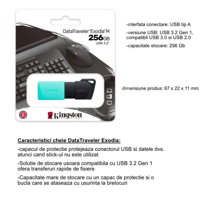 Memorie USB 3.2 Kingston Data Traveler Exodia, 256Gb, cu capac si inel breloc, verde [5]