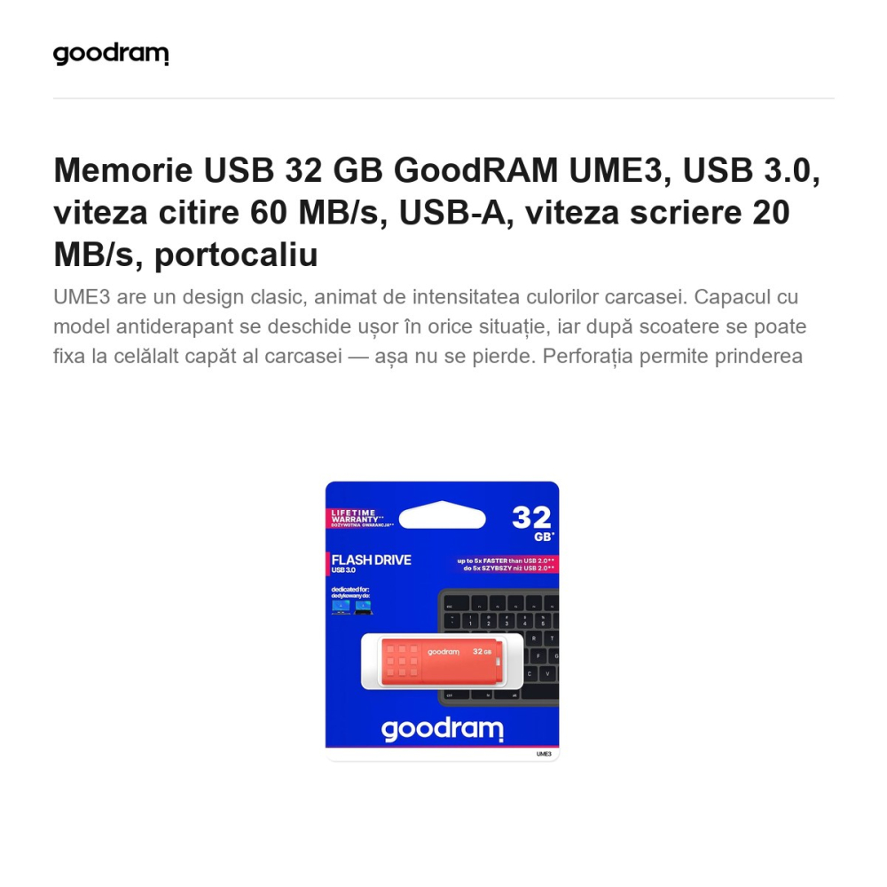 Memorie USB 32 GB GoodRAM UME3, USB 3.0, viteza citire 60 MB/s, USB-A, viteza scriere 20 MB/s, portocaliu [2]