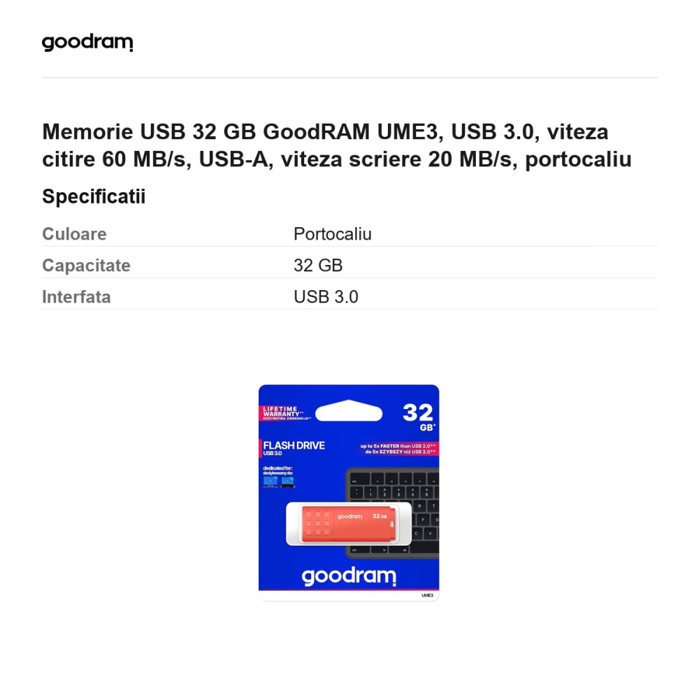Memorie USB 32 GB GoodRAM UME3, USB 3.0, viteza citire 60 MB/s, USB-A, viteza scriere 20 MB/s, portocaliu [3]