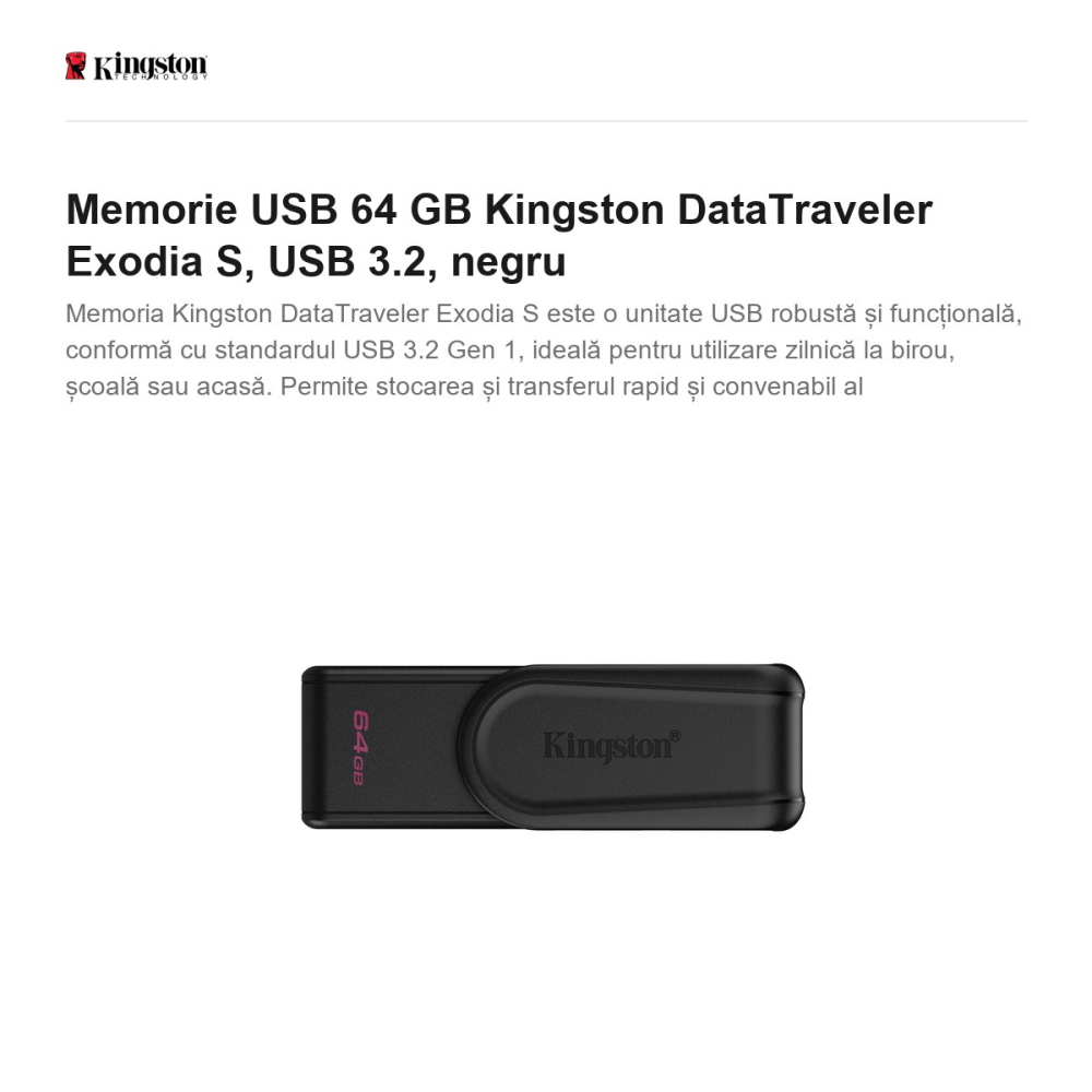 Memorie USB 64 GB Kingston DataTraveler Exodia S, USB 3.2, negru [2]
