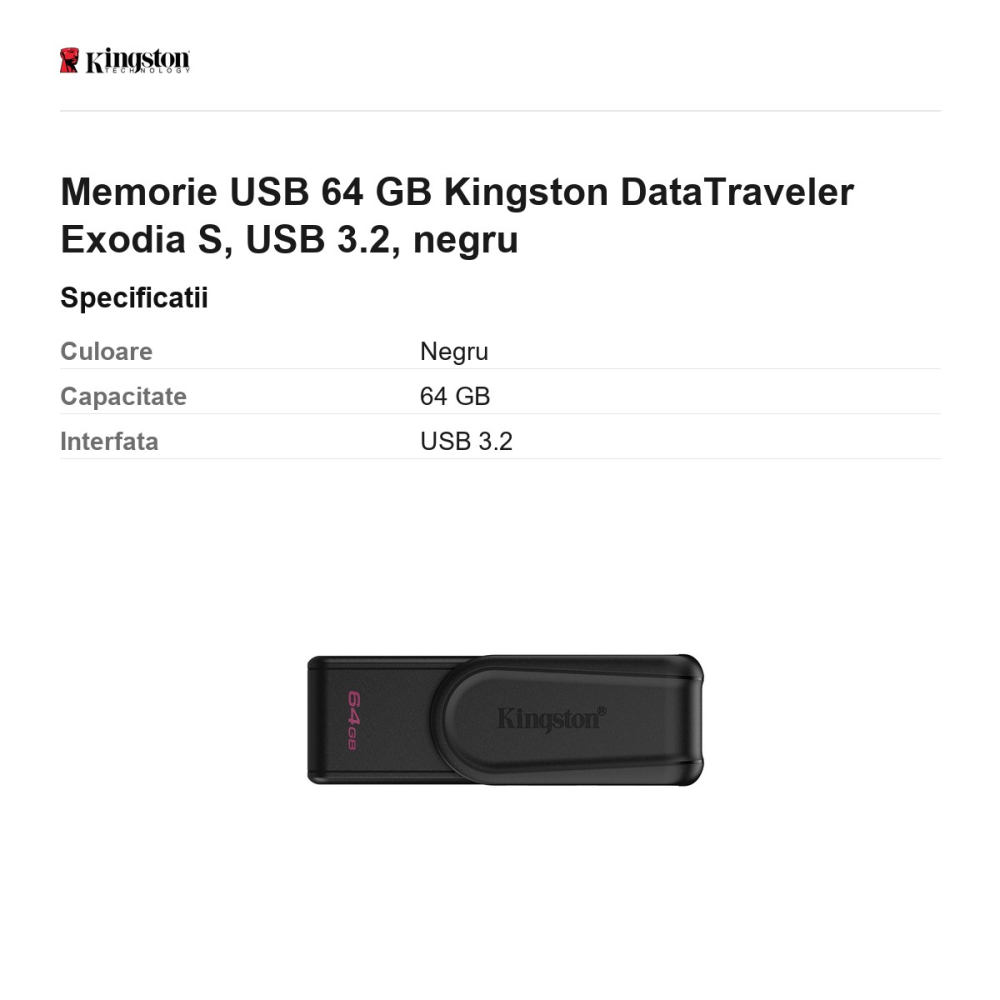 Memorie USB 64 GB Kingston DataTraveler Exodia S, USB 3.2, negru [3]