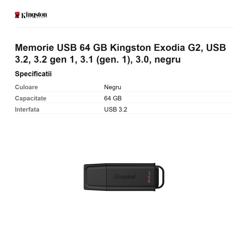 Memorie USB 64 GB Kingston Exodia G2, USB 3.2, 3.2 gen 1, 3.1 (gen. 1), 3.0, negru [3]