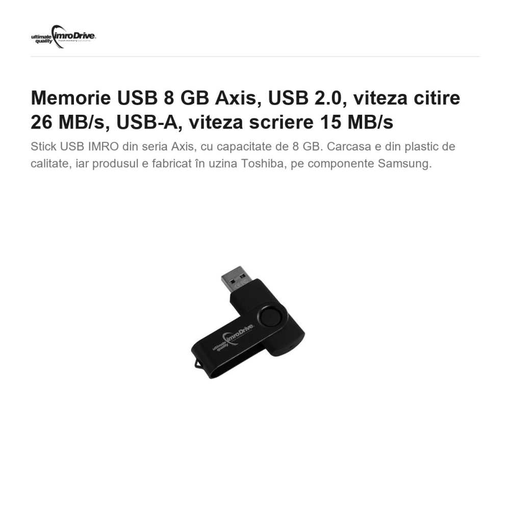 Memorie USB 8 GB Axis, USB 2.0, viteza citire 26 MB/s, USB-A, viteza scriere 15 MB/s [2]