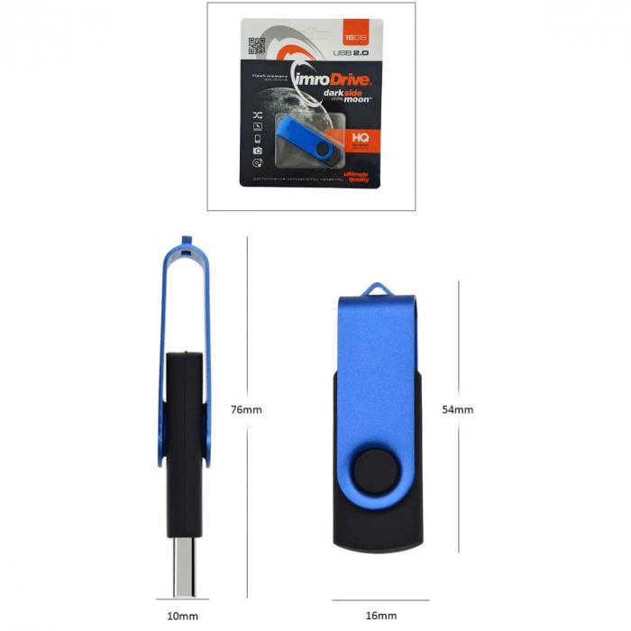Memorie USB Imro Drive 16GB USB 2.0 cu capac rotativ, albastra cu negru [4]
