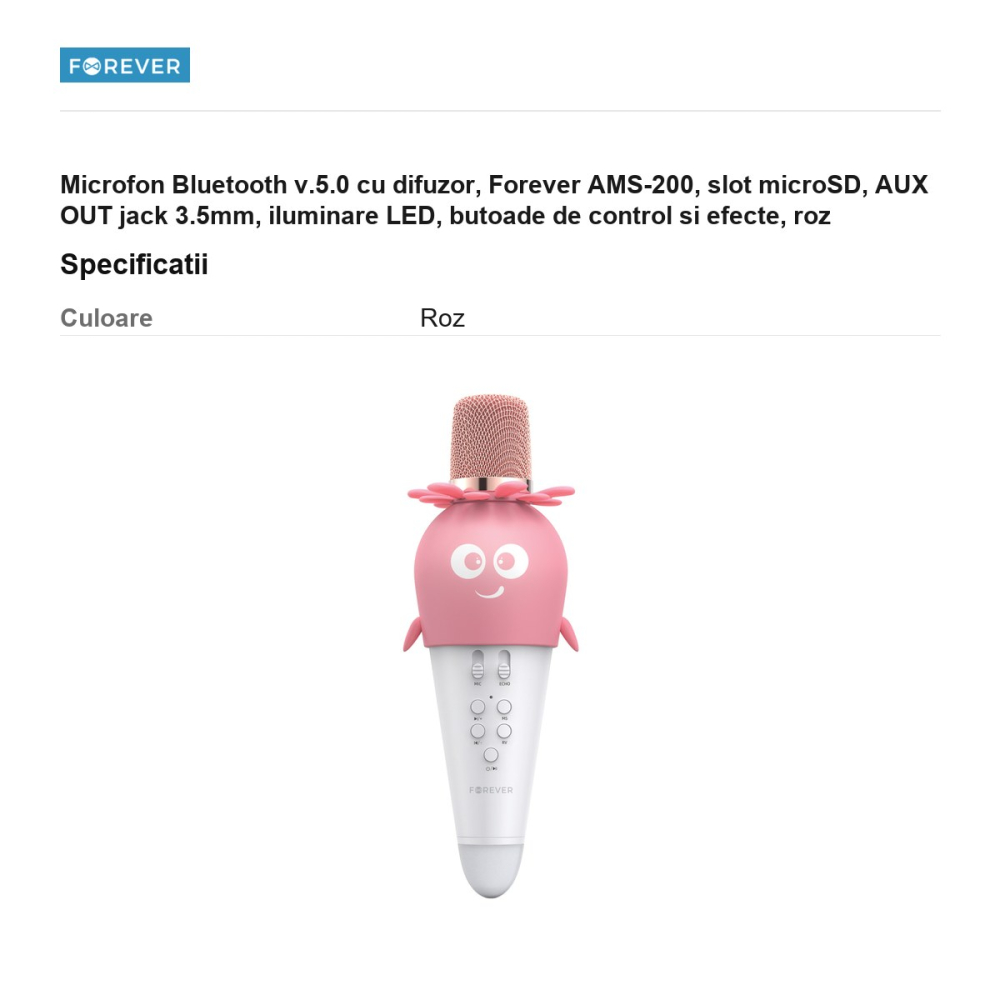 Microfon Bluetooth v.5.0 cu difuzor, Forever AMS-200, slot microSD, AUX OUT jack 3.5mm, iluminare LED, butoade de control si efecte, roz [3]