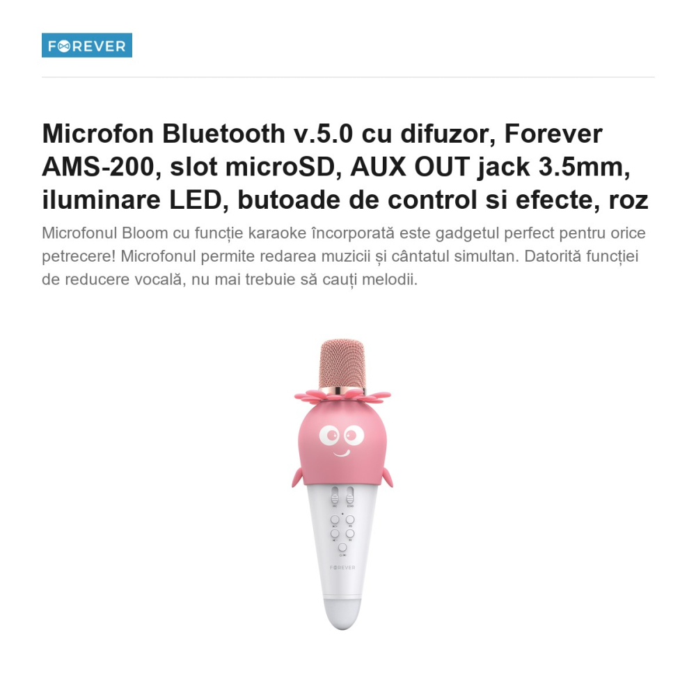 Microfon Bluetooth v.5.0 cu difuzor, Forever AMS-200, slot microSD, AUX OUT jack 3.5mm, iluminare LED, butoade de control si efecte, roz [2]
