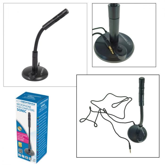 Microfon cu suport, Esperanza Sonic 95791, buton On/Off, cablu 150 cm, conector jack 3.5mm, negru [5]