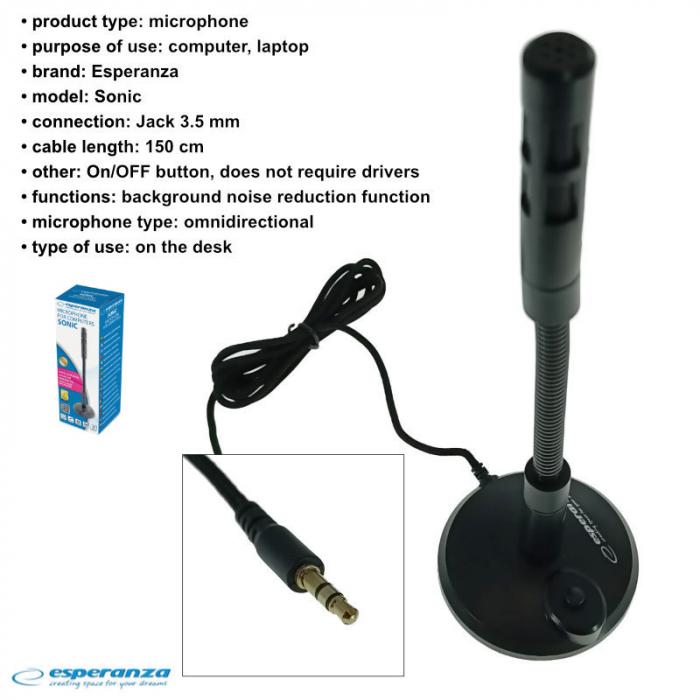 Microfon cu suport, Esperanza Sonic 95791, buton On/Off, cablu 150 cm, conector jack 3.5mm, negru [7]