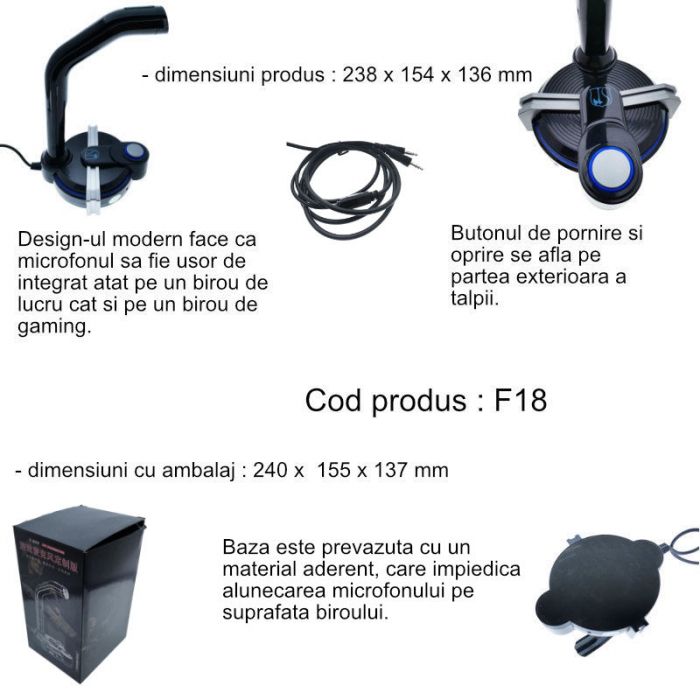 Microfon gaming F18, cu baza 154 x136 mm, conector jack 3.5mm, negru cu gri [7]