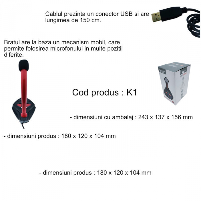 Microfon gaming K1, cu baza 120 x104 mm, lungime cablu 140 cm, conector USB, negru cu rosu [6]