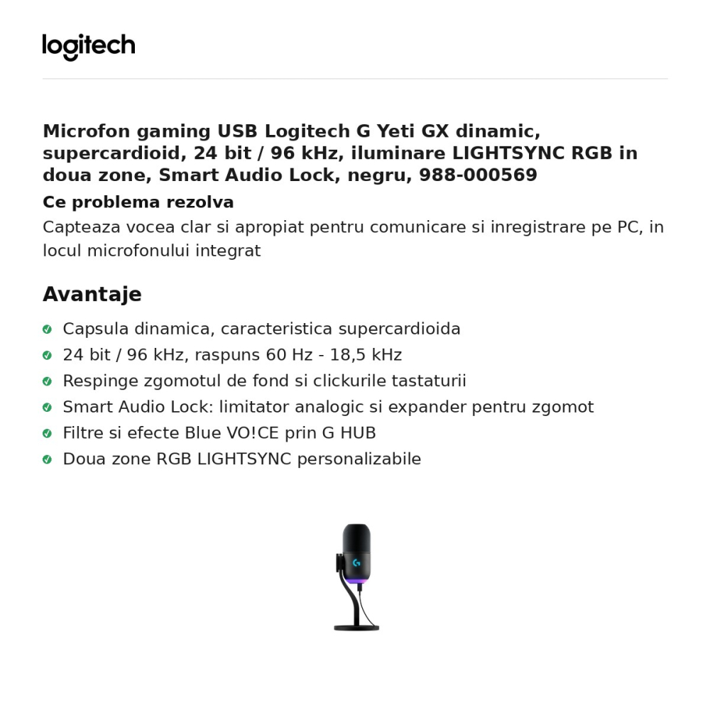 Microfon gaming USB Logitech G Yeti GX dinamic, supercardioid, 24 bit / 96 kHz, iluminare LIGHTSYNC RGB in doua zone, Smart Audio Lock, negru, 988-000569 [2]