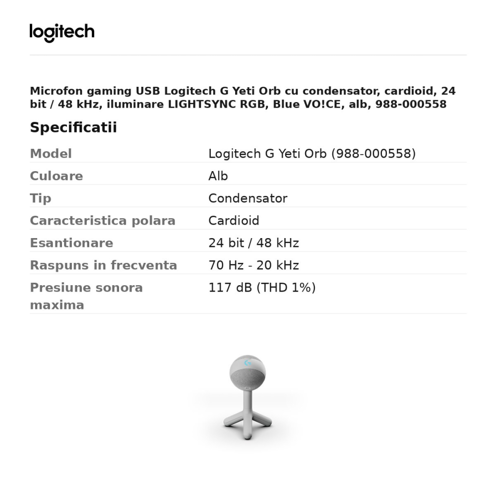 Microfon gaming USB Logitech G Yeti Orb cu condensator, cardioid, 24 bit / 48 kHz, iluminare LIGHTSYNC RGB, Blue VO!CE, alb, 988-000558 [3]