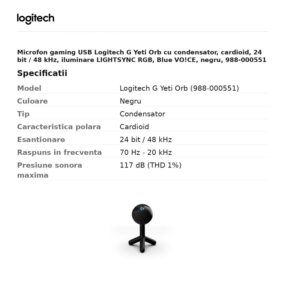 Microfon gaming USB Logitech G Yeti Orb cu condensator, cardioid, 24 bit / 48 kHz, iluminare LIGHTSYNC RGB, Blue VO!CE, negru, 988-000551 [3]