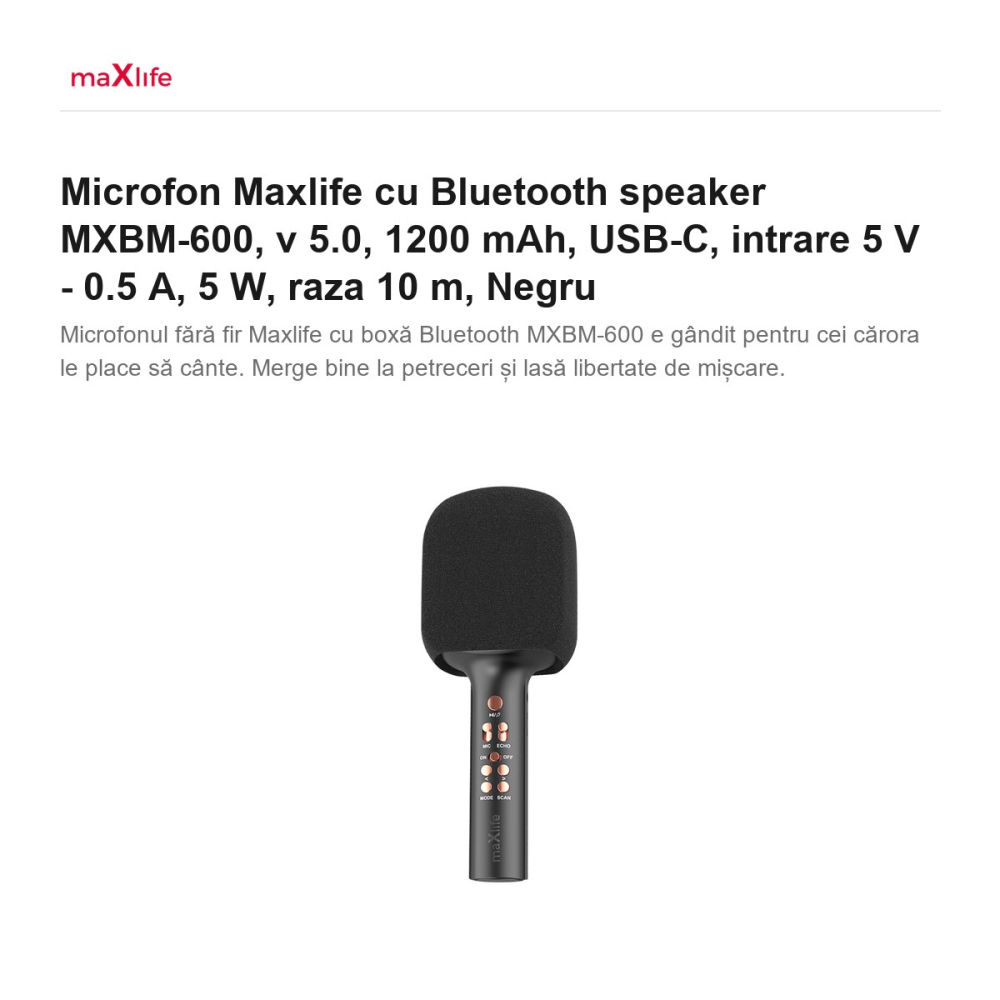 Microfon Maxlife cu Bluetooth speaker MXBM-600, v 5.0, 1200 mAh, USB-C, intrare 5 V - 0.5 A, 5 W, raza 10 m, Negru [2]