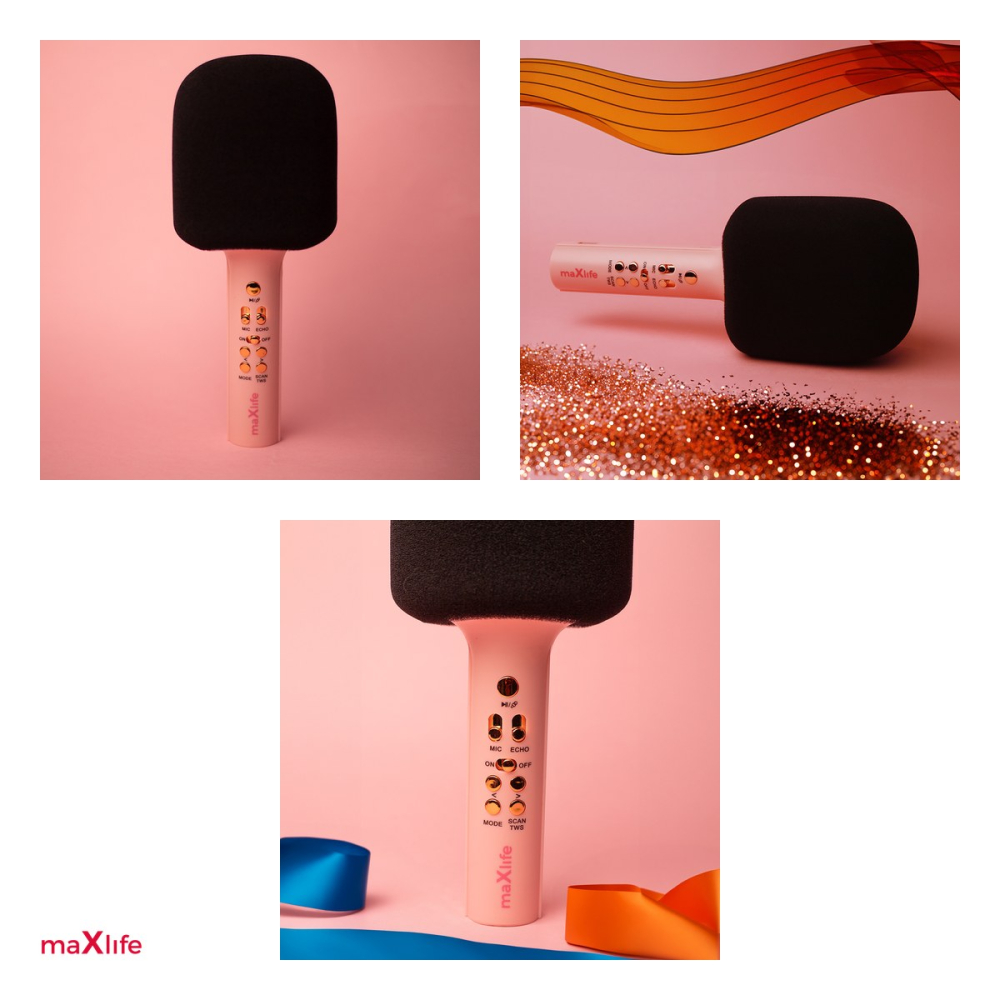 Microfon Maxlife cu Bluetooth speaker MXBM-600, v 5.0, 1200 mAh, USB-C, intrare 5 V - 0.5 A, 5 W, raza 10 m, Roz [4]