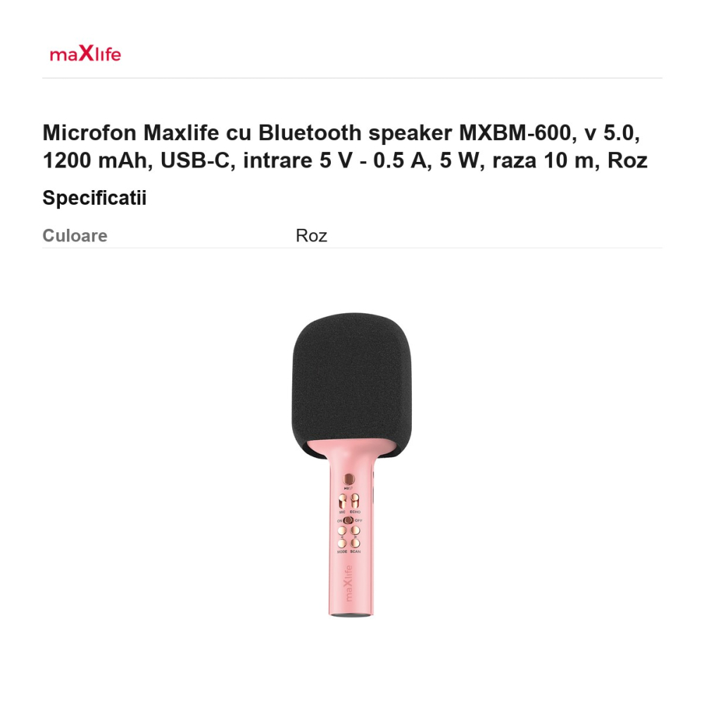 Microfon Maxlife cu Bluetooth speaker MXBM-600, v 5.0, 1200 mAh, USB-C, intrare 5 V - 0.5 A, 5 W, raza 10 m, Roz [3]