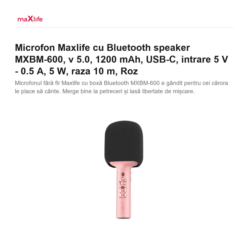 Microfon Maxlife cu Bluetooth speaker MXBM-600, v 5.0, 1200 mAh, USB-C, intrare 5 V - 0.5 A, 5 W, raza 10 m, Roz [2]