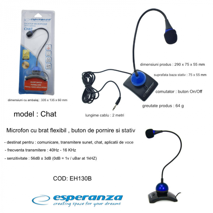 Microfon PC cu brat flexibil 18 cm si buton pornire, Esperanza Chat, conector jack 3.5mm si cablu 2 m, negru cu albastru [6]