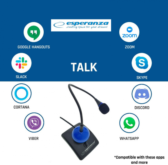 Microfon PC cu brat flexibil 18 cm si buton pornire, Esperanza Chat, conector jack 3.5mm si cablu 2 m, negru cu albastru [8]