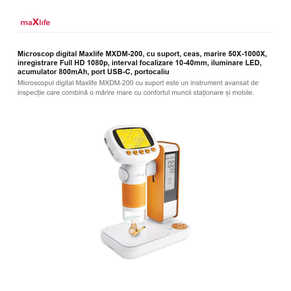 Microscop digital Maxlife MXDM-200, cu suport, ceas, marire 50X-1000X, inregistrare Full HD 1080p, interval focalizare 10-40mm, iluminare LED, acumulator 800mAh, port USB-C, portocaliu [2]