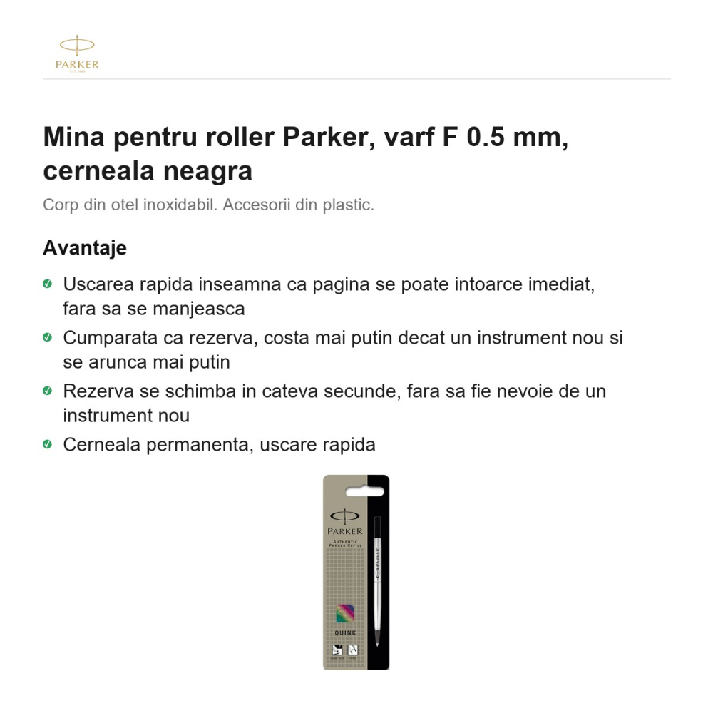 Mina pentru roller Parker, varf F 0.5 mm, cerneala neagra [2]