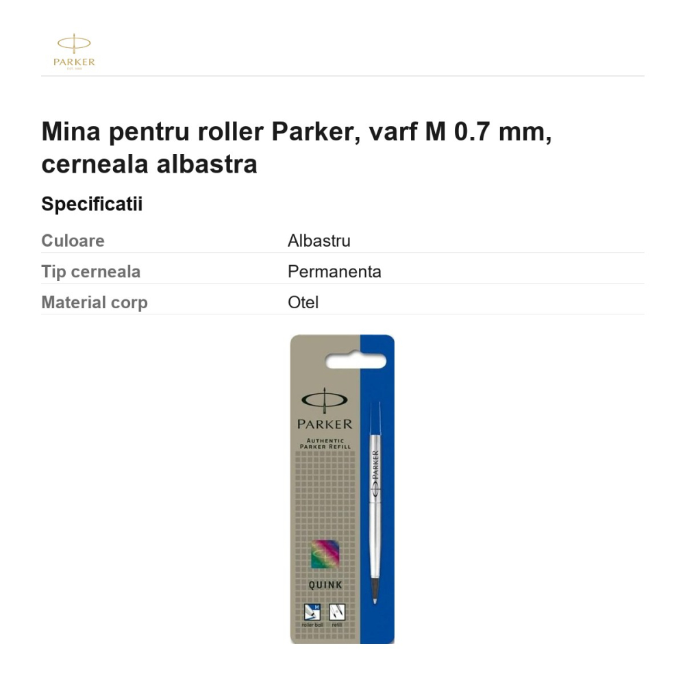 Mina pentru roller Parker, varf M 0.7 mm, cerneala albastra [3]
