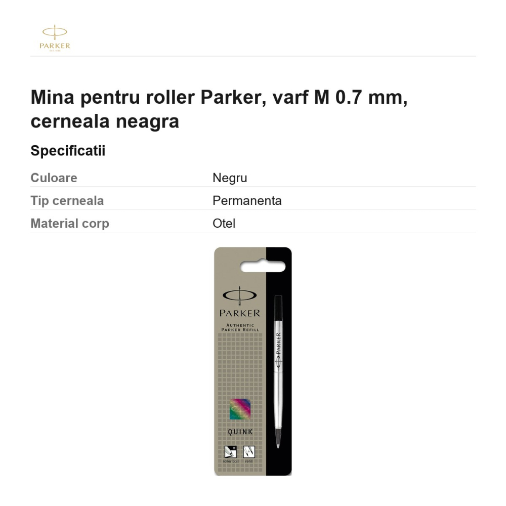 Mina pentru roller Parker, varf M 0.7 mm, cerneala neagra [3]