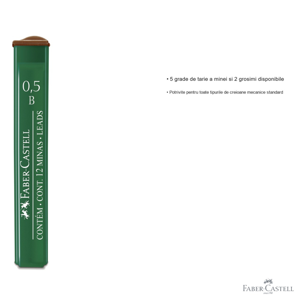 Mine creion mecanic Faber-Castell, 0.5 mm, duritate B, polymer, set 12 bucati pentru scriere precisa [3]