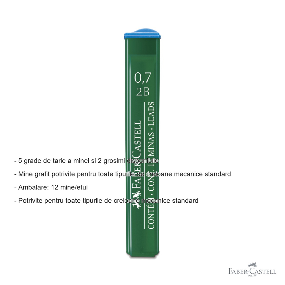 Mine creion mecanic Faber-Castell, 0.7 mm, duritate 2B, set 12 bucati, polymer, pentru scriere si desen [2]